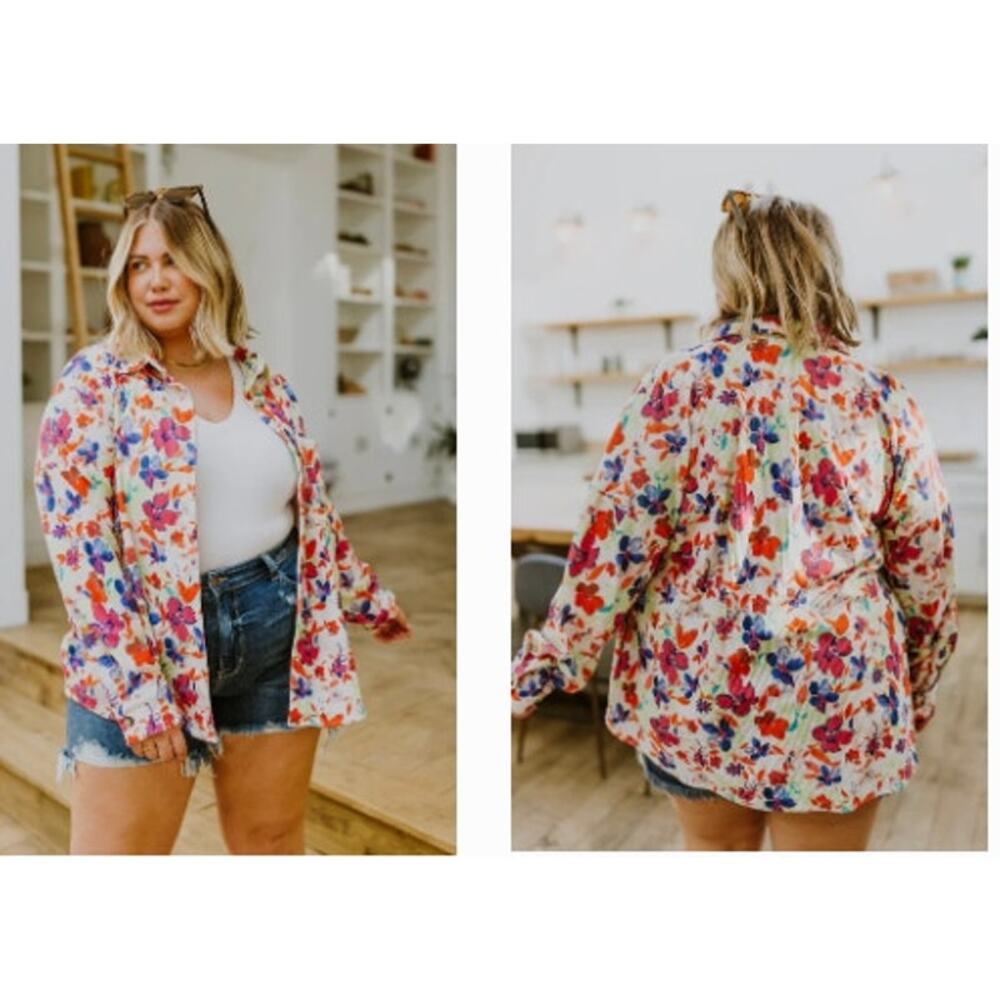 Emily Wonder Corduroy Raven Kat Corduroy Shacket‎ Button Down 2X Dancing Flowers